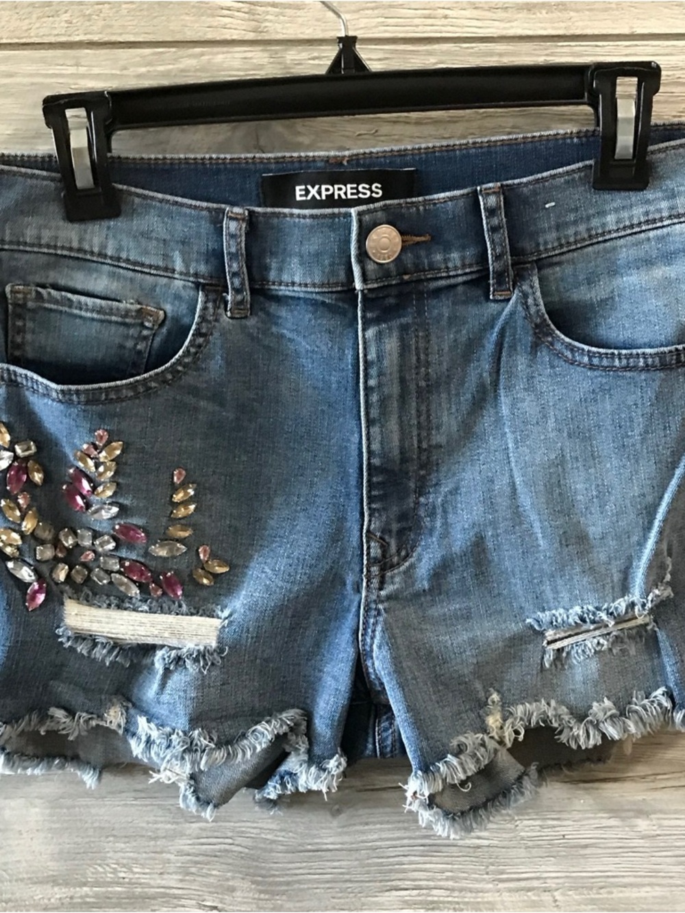 Express Blue Denim Shorts with Gem Embellishments
